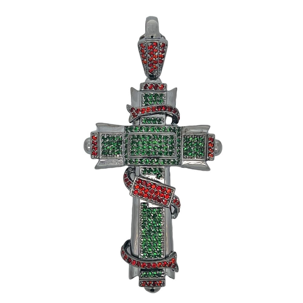 Red & Green Cross CZ Iced Out Pendant HipHopBling