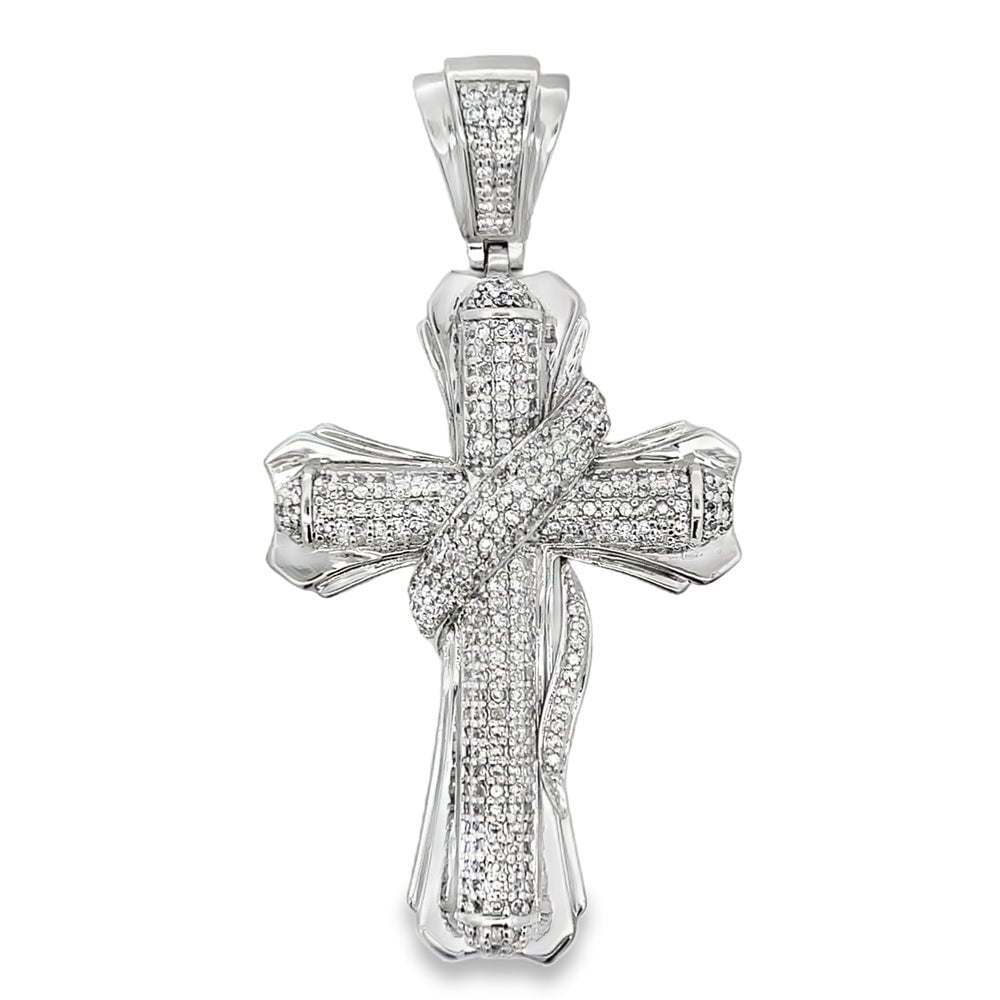 Ribbon Cross CZ Pendant .925 Sterling Silver HipHopBling