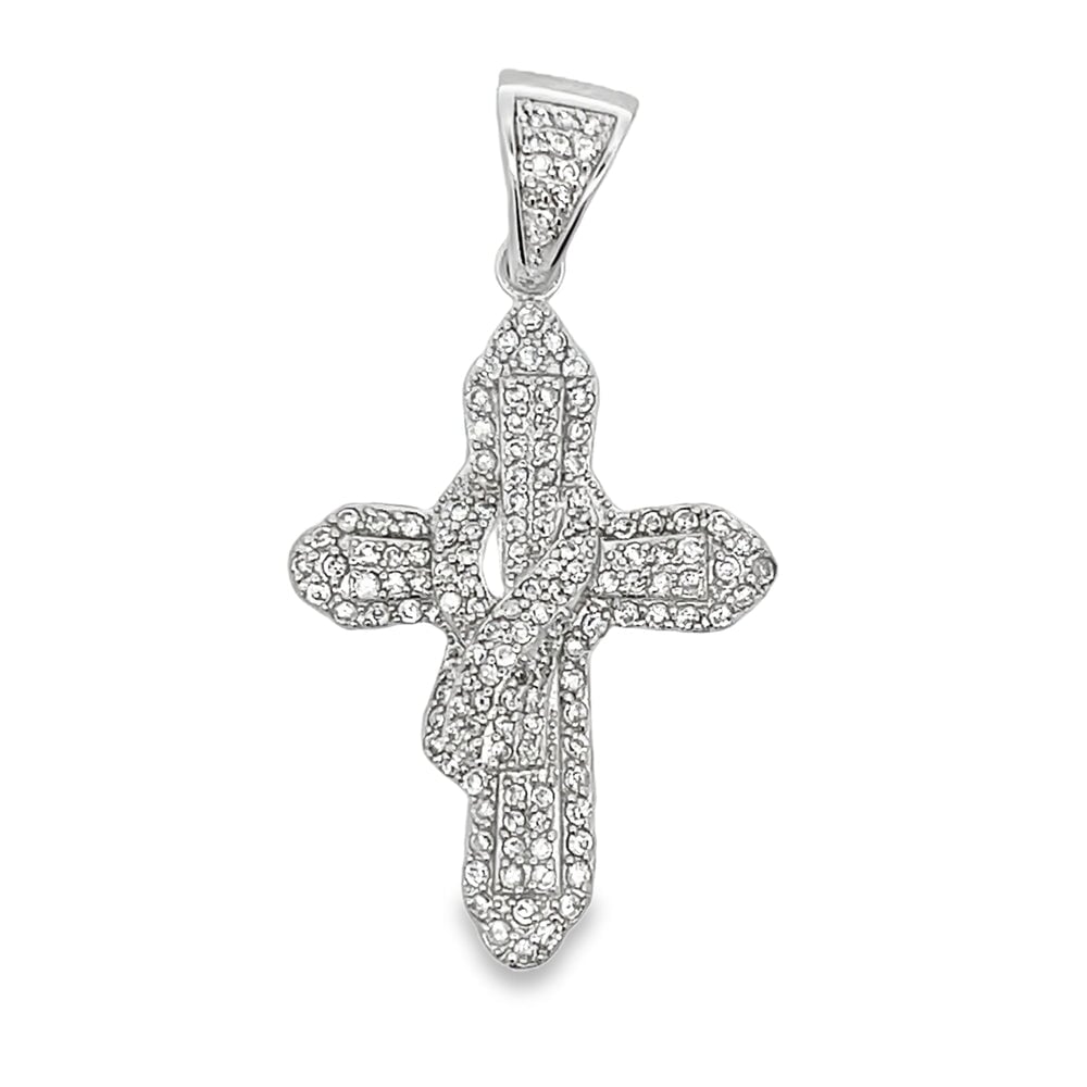 Ribbon Cross CZ Pendant .925 Sterling Silver HipHopBling