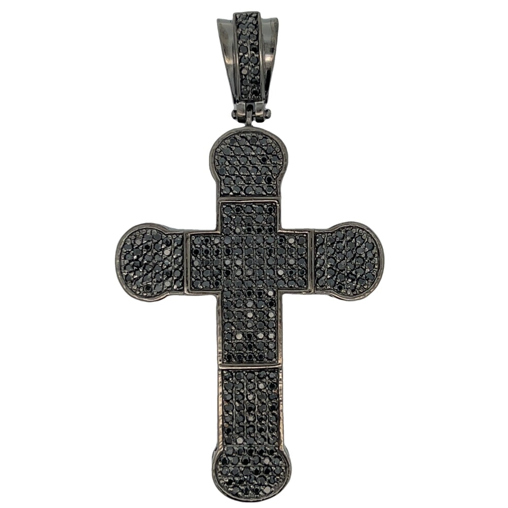 Rounded Black Cross CZ Pendant .925 Sterling Silver HipHopBling