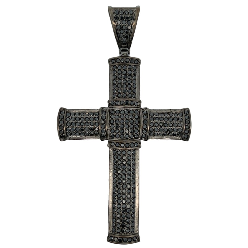 Rounded Black Cross CZ Pendant .925 Sterling Silver HipHopBling