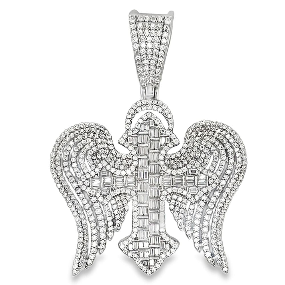 Sharp Cross Wings Baguette Iced Out Moissanite Pendant .925 Silver HipHopBling