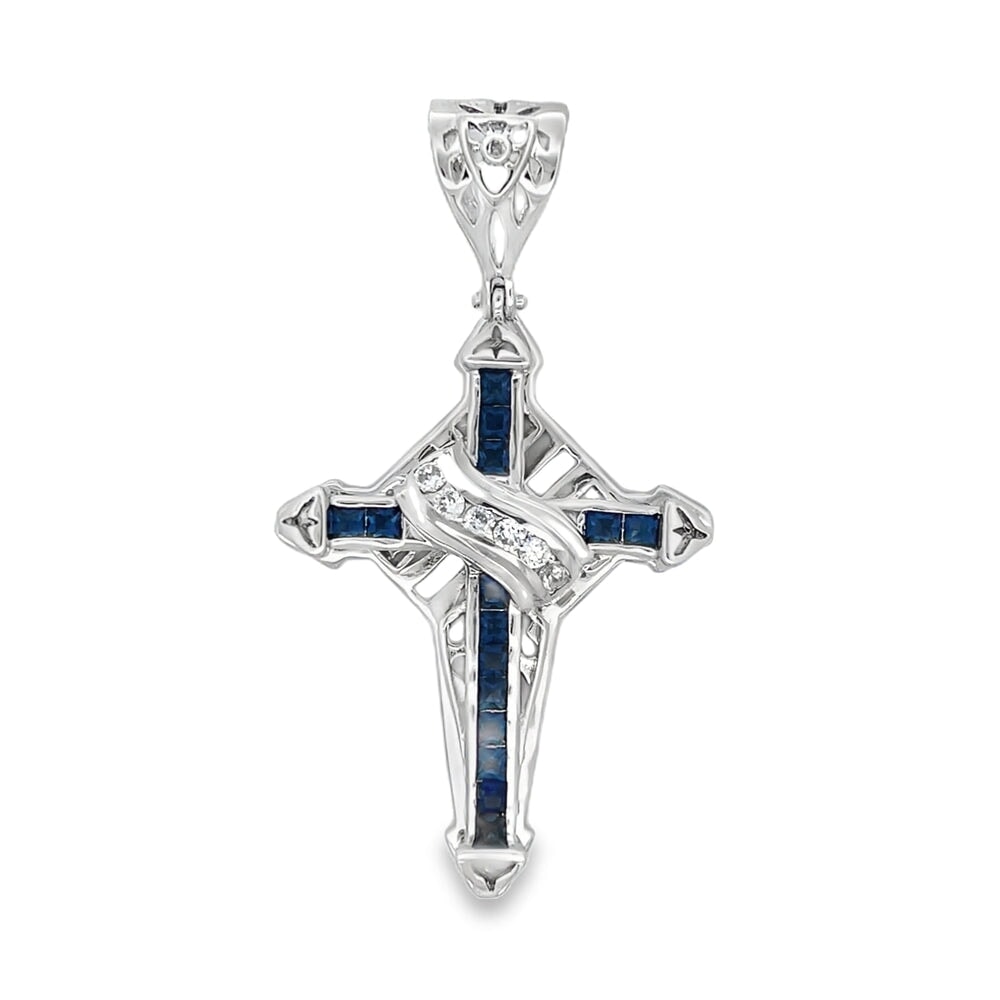 Spear Cross Blue CZ Pendant .925 Sterling Silver HipHopBling