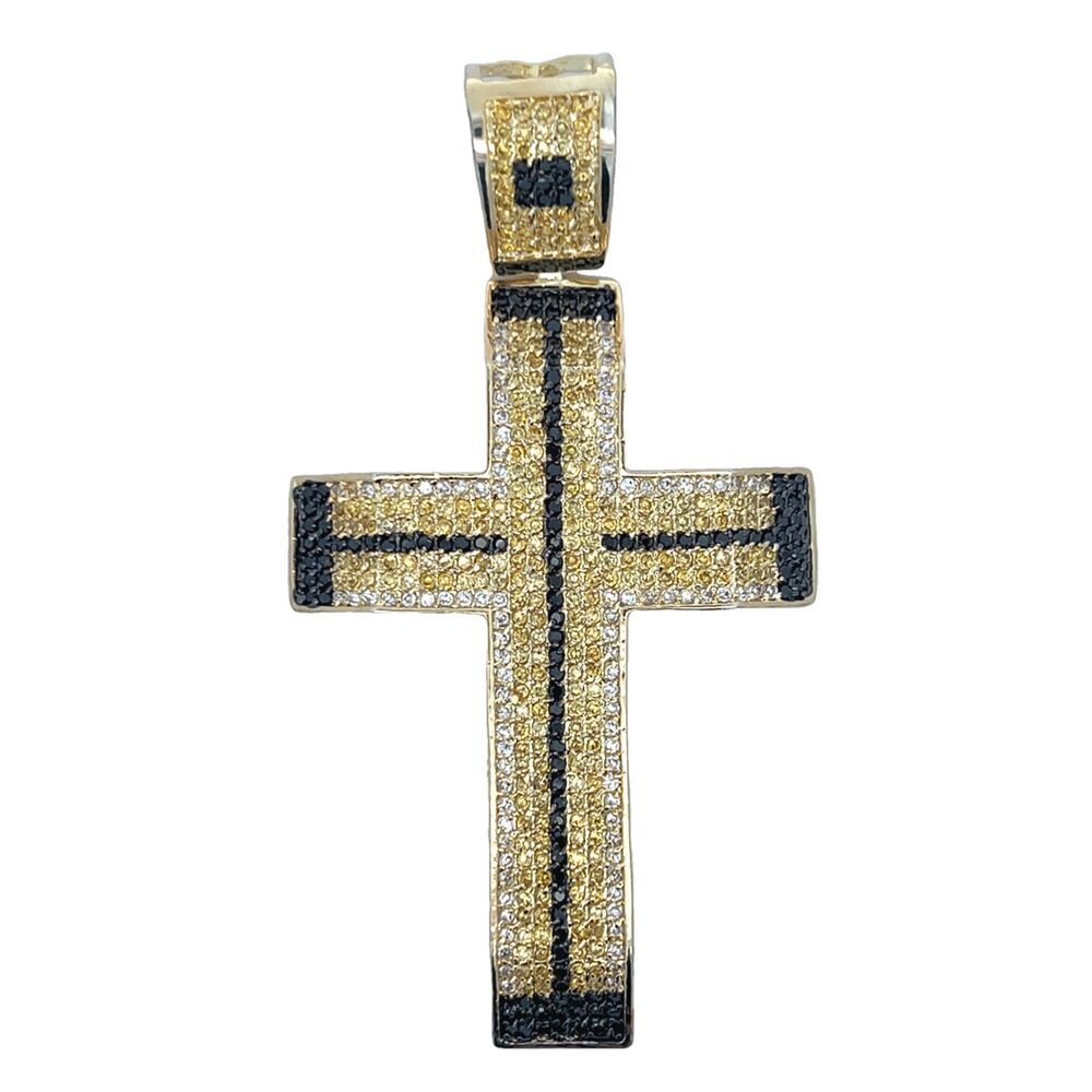 Stripe Black & Yellow CZ Cross Iced Out Pendant HipHopBling