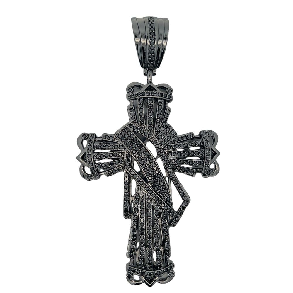 Striped Ribbon Black Cross CZ Iced Out Pendant HipHopBling