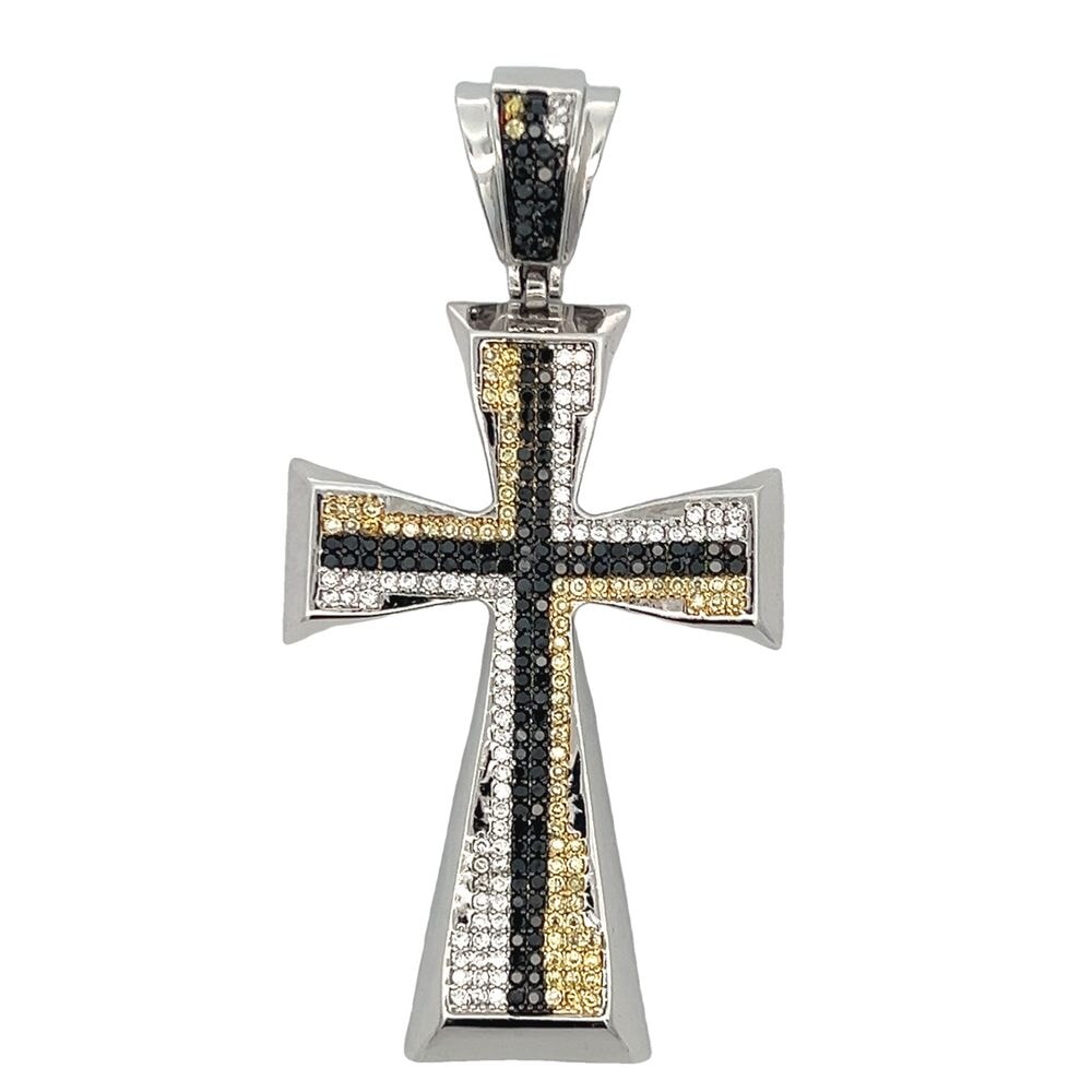 Tapered Cross Striped White Black & Yellow CZ Iced Out Pendant HipHopBling