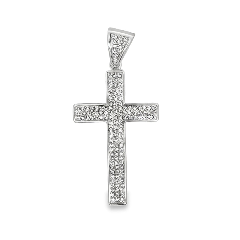 Triple Row Cross CZ Pendant .925 Sterling Silver HipHopBling