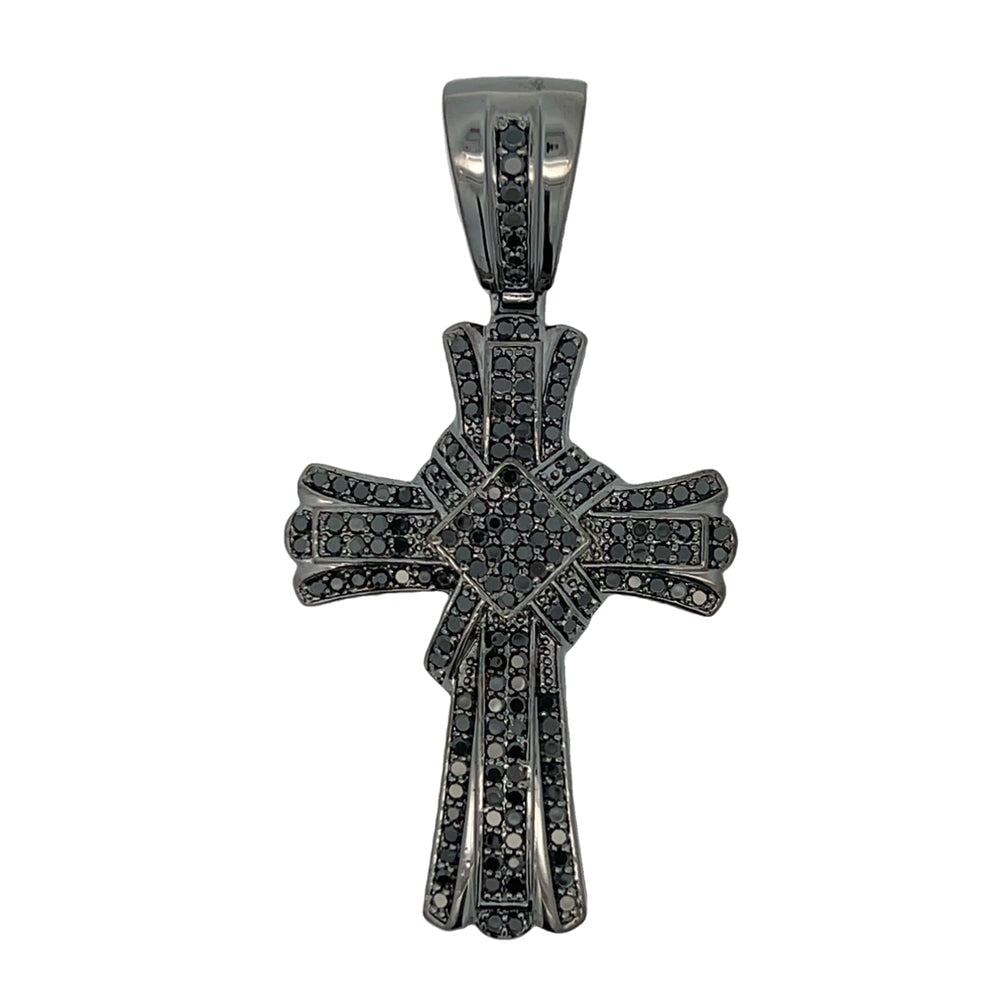 Wavy Ribbon Black Cross CZ Pendant .925 Sterling Silver HipHopBling