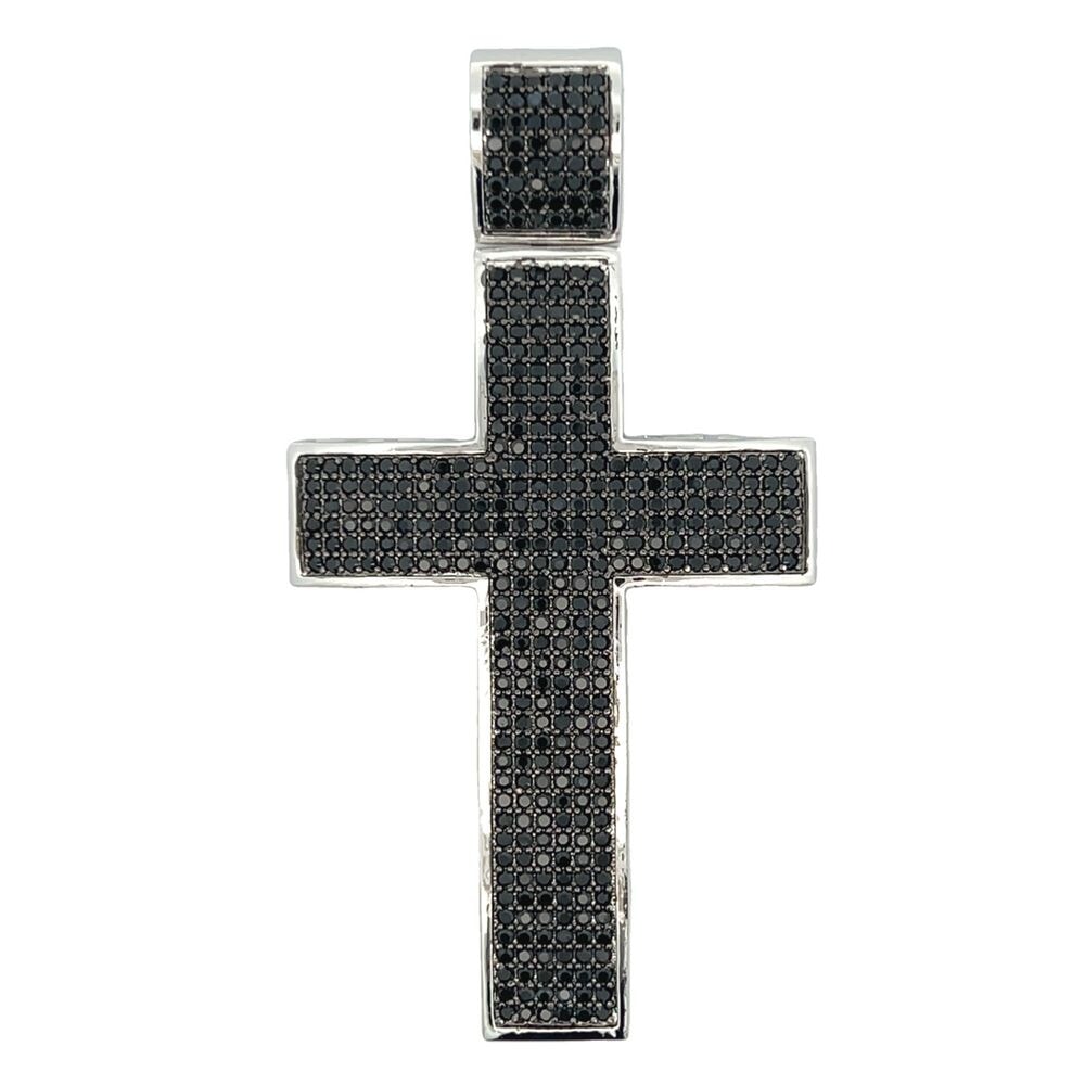 White 6 Row Black CZ Cross Iced Out Pendant HipHopBling