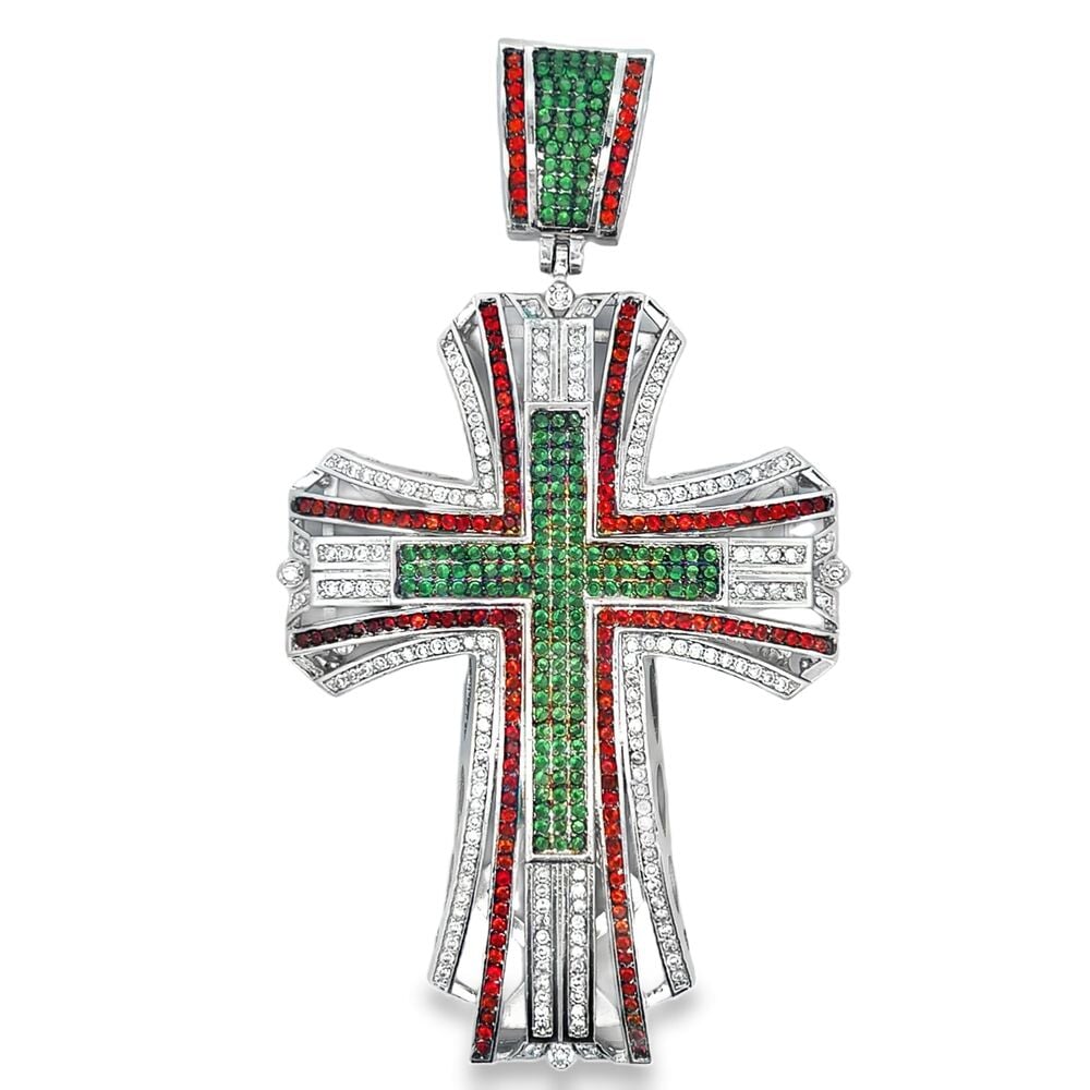 XL White Red & Green Cross CZ Iced Out Pendant HipHopBling