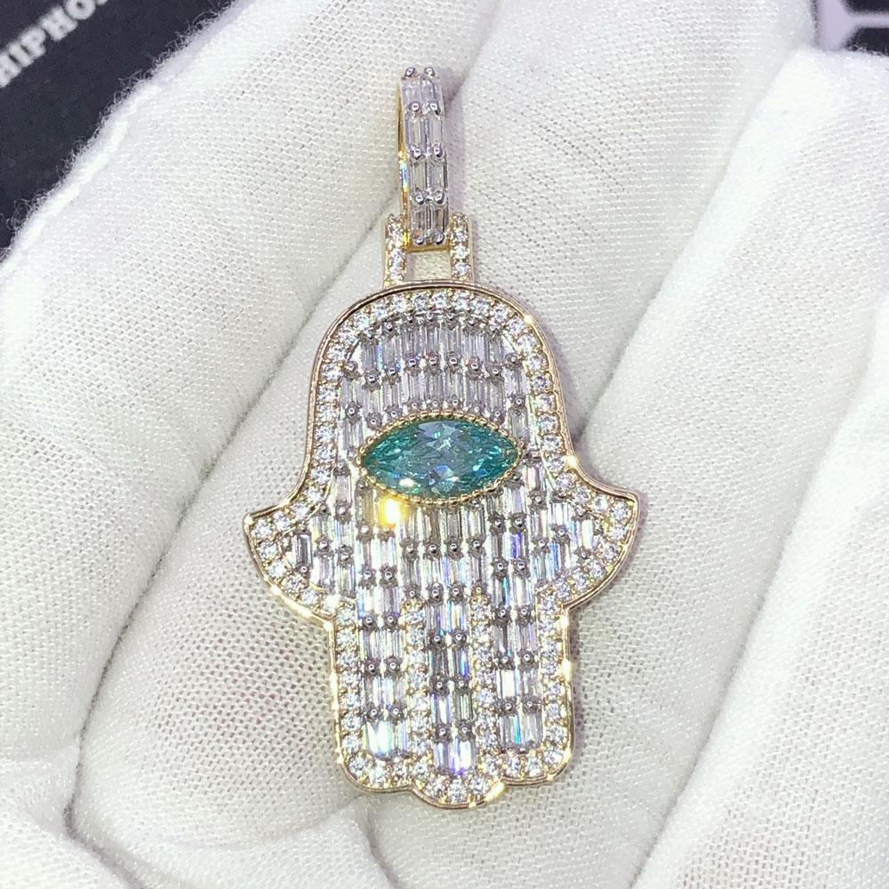 3D Gem Hamsa Baguette VVS CZ Iced Out Pendant Green Gem HipHopBling