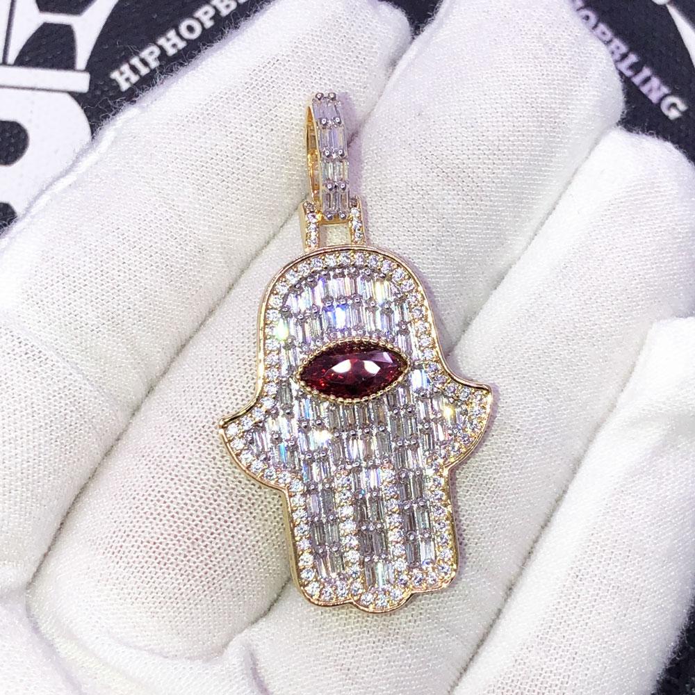 3D Gem Hamsa Baguette VVS CZ Iced Out Pendant Red Gem HipHopBling