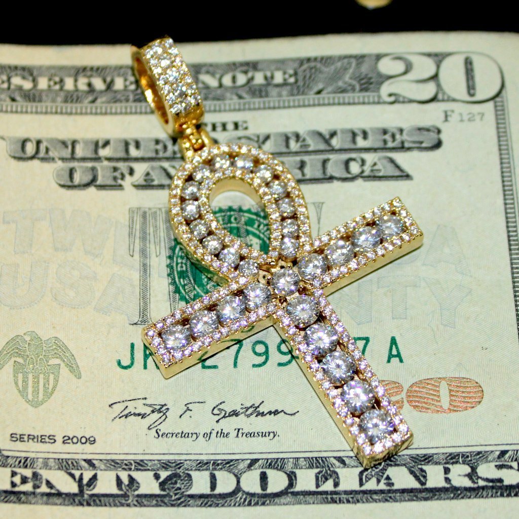 .925 Silver Channel Set Ankh Bling Bling Cross Rhodium HipHopBling