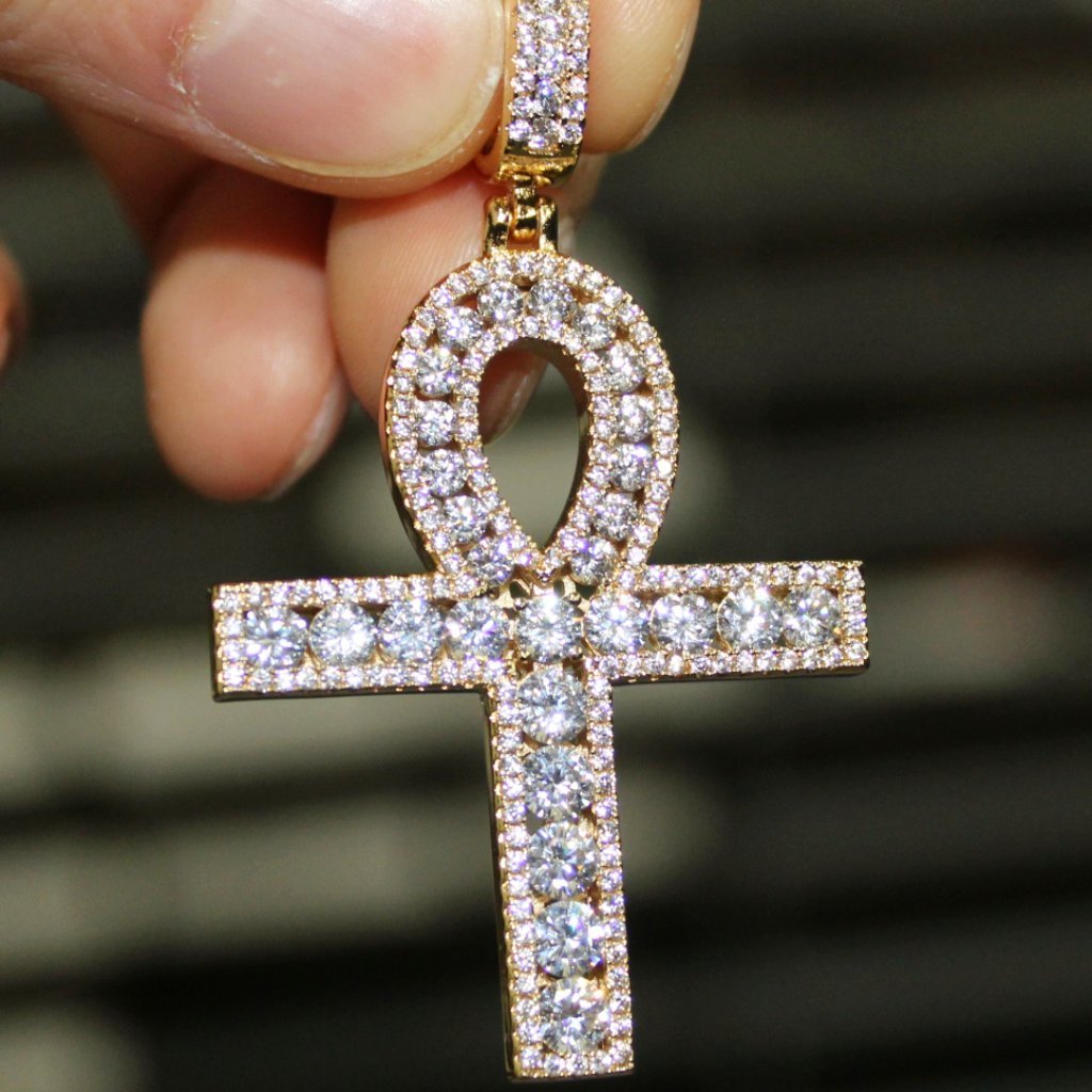 .925 Silver Channel Set Ankh Bling Bling Cross Rhodium HipHopBling