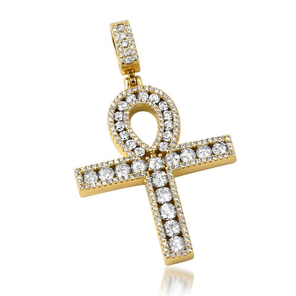 .925 Silver Channel Set Ankh Bling Bling Cross Rhodium HipHopBling