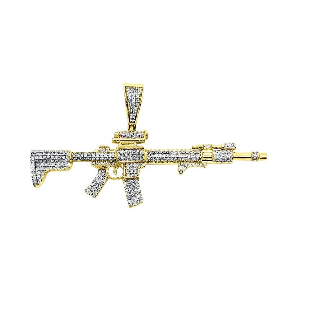 AR-15 Rifle with Scope Diamond Pendant .90cttw 10K Yellow Gold HipHopBling