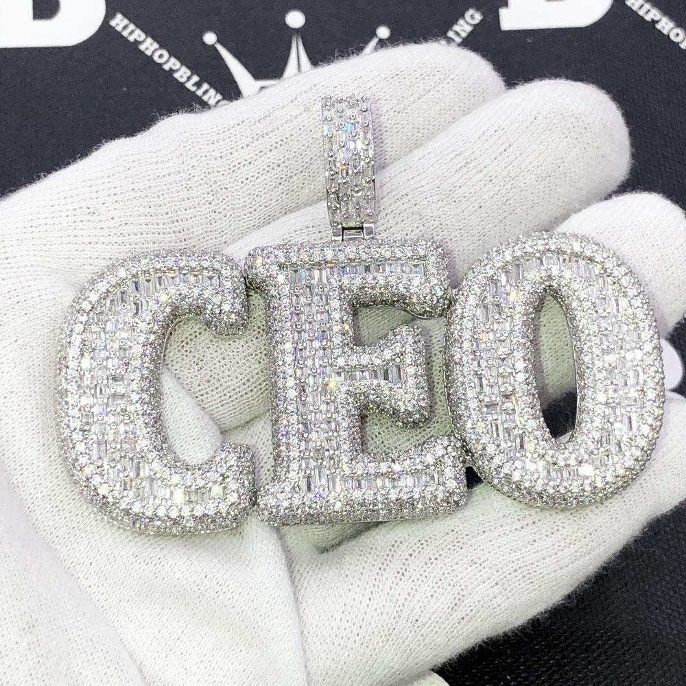 CEO 3D Baguette VVS CZ Iced Out Hip Hop Bling Pendant White Gold HipHopBling