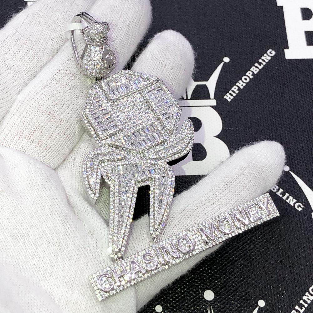 Chasing Money Baguette CZ Hip Hop Iced Out Pendant White Gold HipHopBling