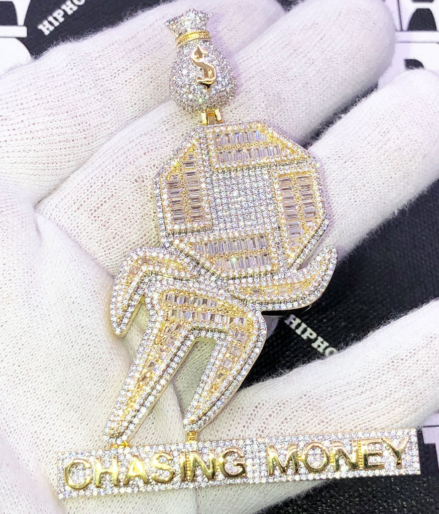 Chasing Money Baguette CZ Hip Hop Iced Out Pendant Yellow Gold HipHopBling