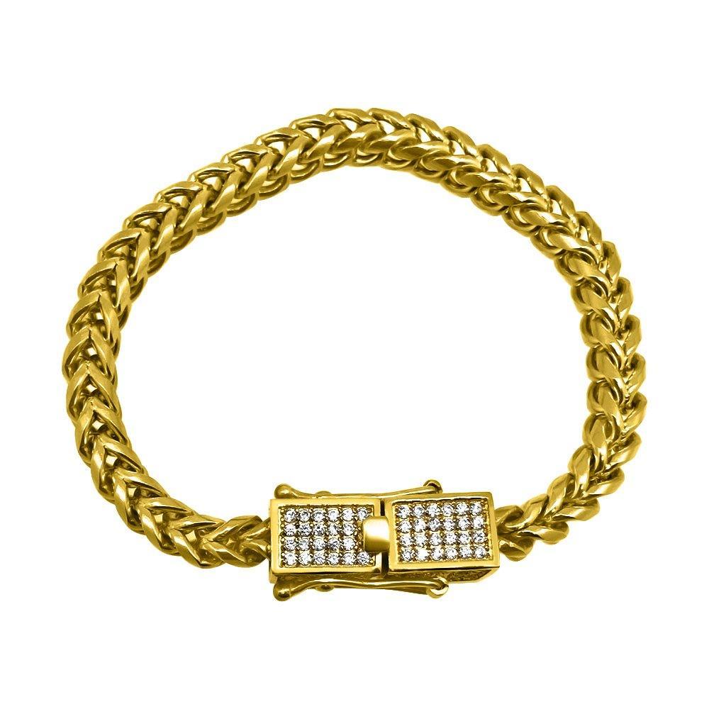 CZ Box Clasp Triple Lock Gold Steel Franco Bracelet