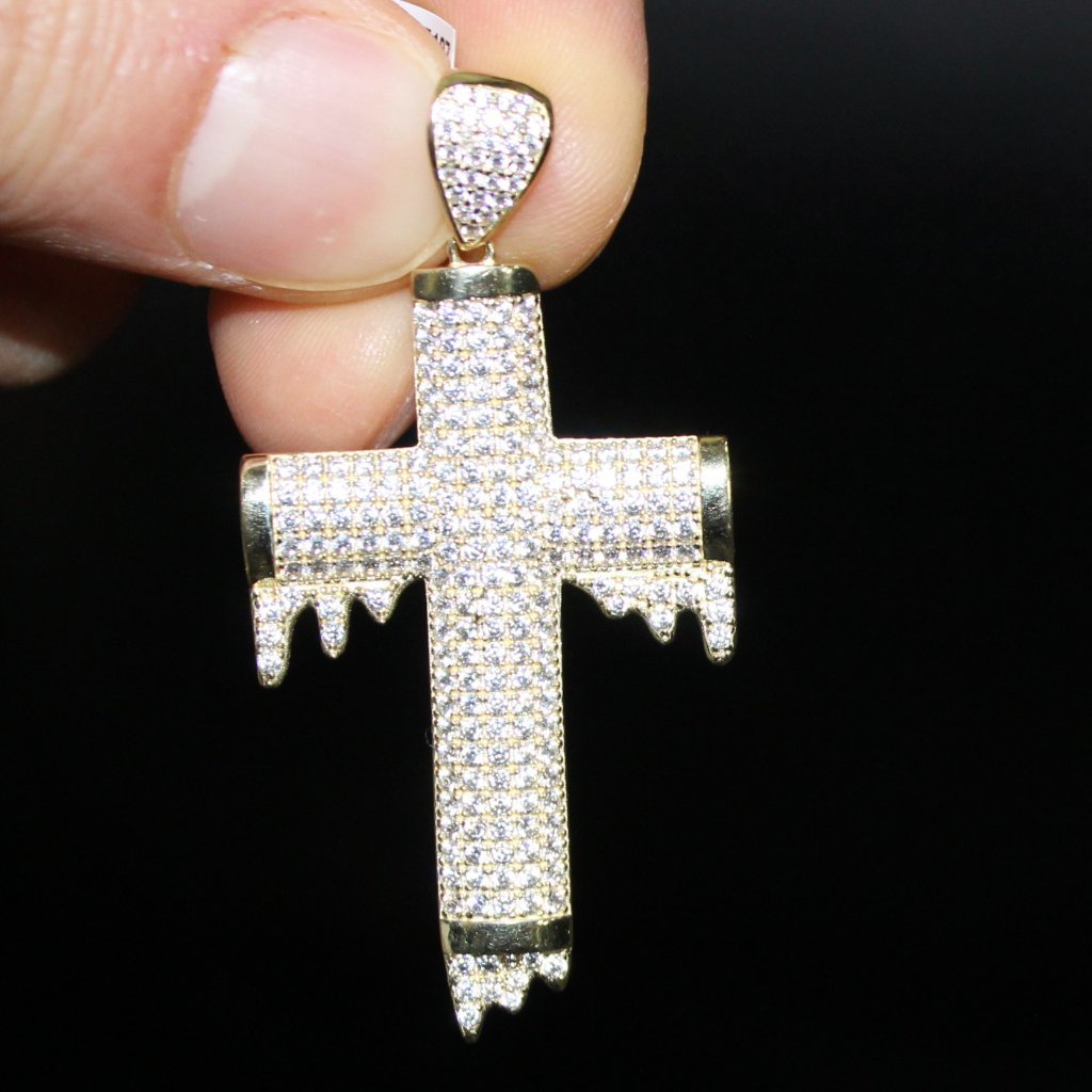 Domed Drip Cross Pendant VVS CZ 10K Yellow Gold HipHopBling