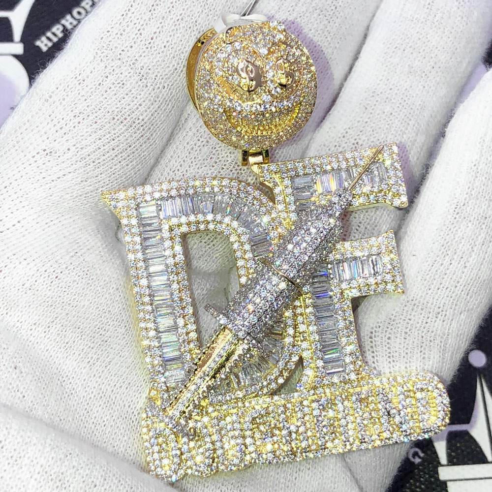 Dough Fiend Baguette VVS CZ Hip Hop Iced Out Pendant Yellow Gold HipHopBling