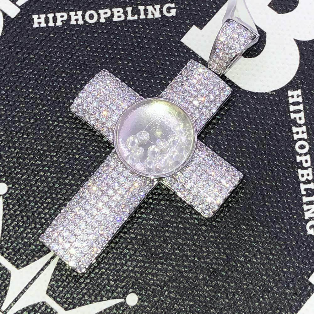 Floating Ice Thick Cross CZ Hip Hop Bling Bling Pendant White Gold HipHopBling