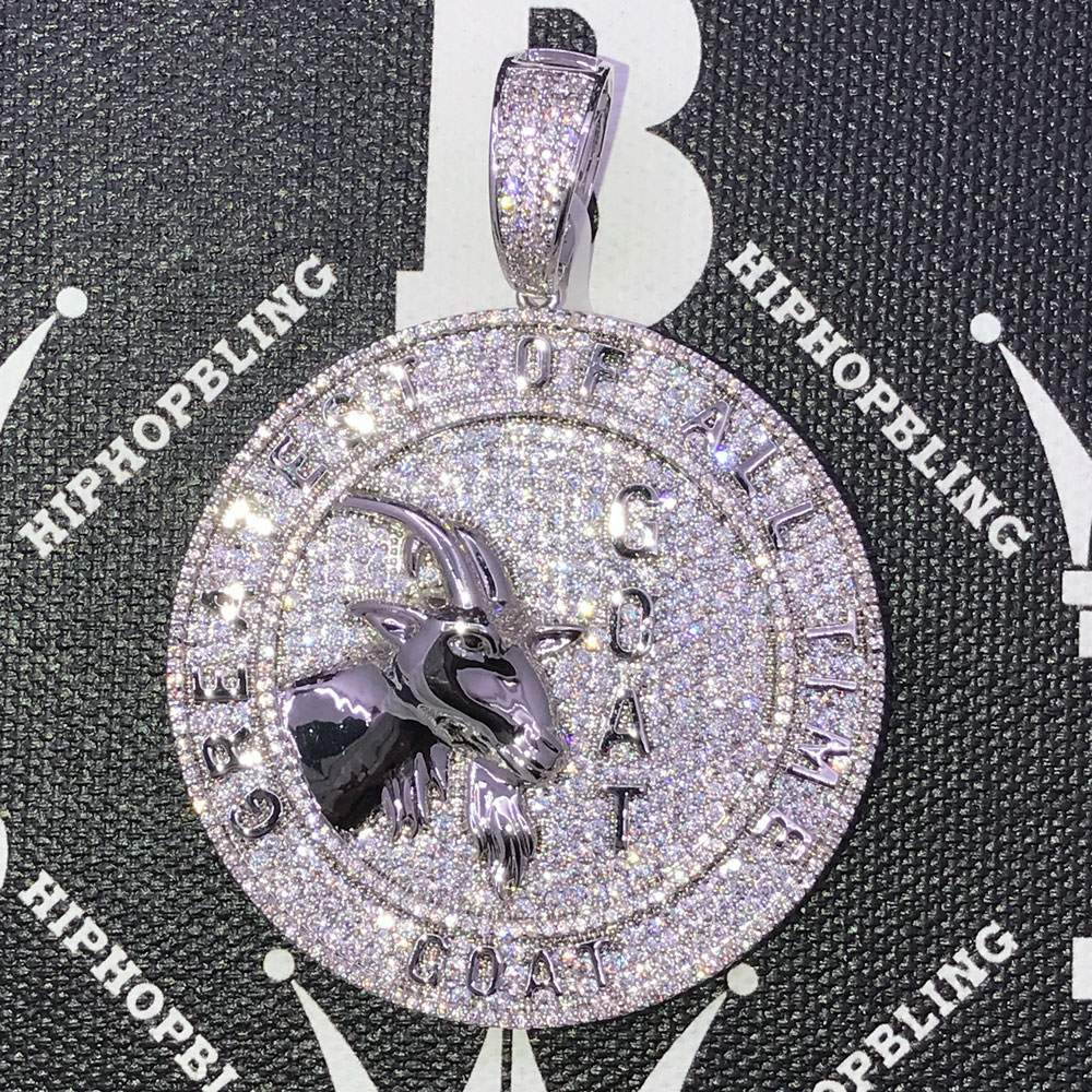 GOAT Greatest of All Time Medallion CZ Hip Hop Bling Bling Pendant White Gold HipHopBling