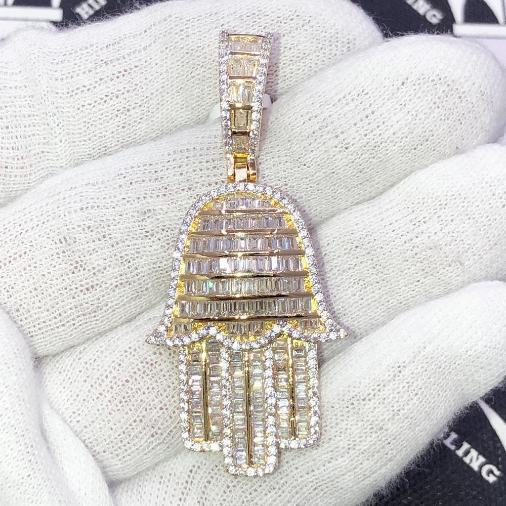 Hamsa Baguette CZ Hip Hop Bling Iced Out Pendant Yellow Gold HipHopBling