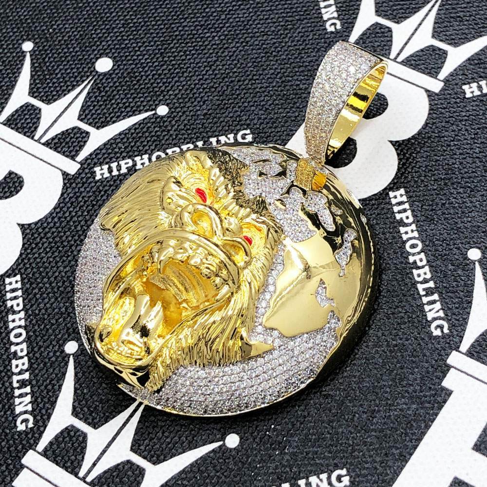 King of The World Lion CZ Hip Hop Bling Bling Pendant Yellow Gold HipHopBling