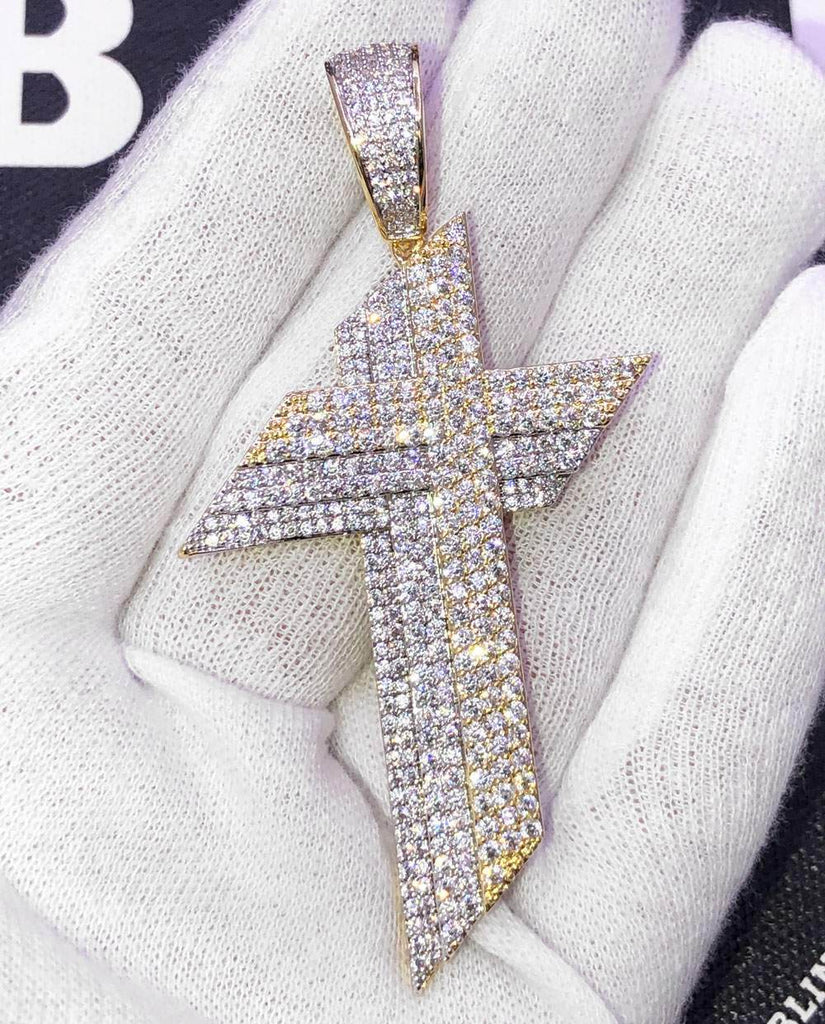 Layered Sharp Cross VVS CZ Hip Hop Iced Out Pendant Yellow Gold HipHopBling