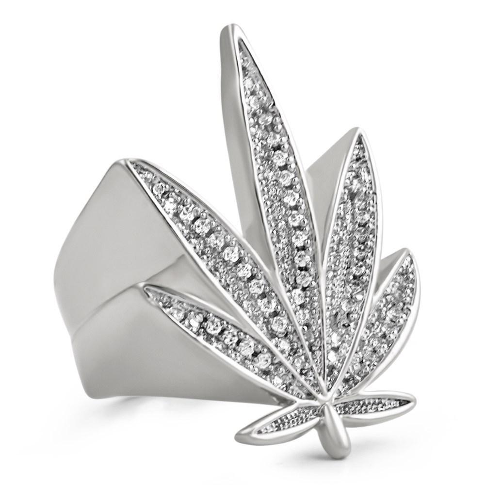 Marijuana Leaf 420 CZ Bling Bling Rhodium Ring 7 HipHopBling