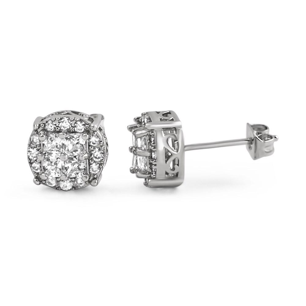 Princess Cut Round Cluster Rhodium CZ Hip Hop Earrings HipHopBling