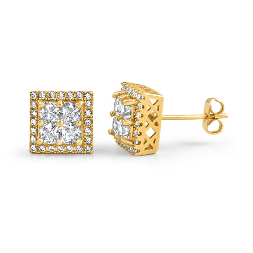 Princess Cut Square Cluster Gold CZ Hip Hop Earrings HipHopBling