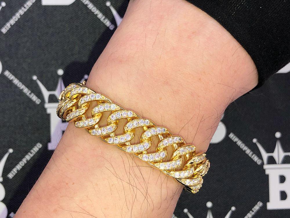 Skinny Cuban Link 15MM VVS Iced Out Hip Hop Bracelet Yellow Gold 8" HipHopBling