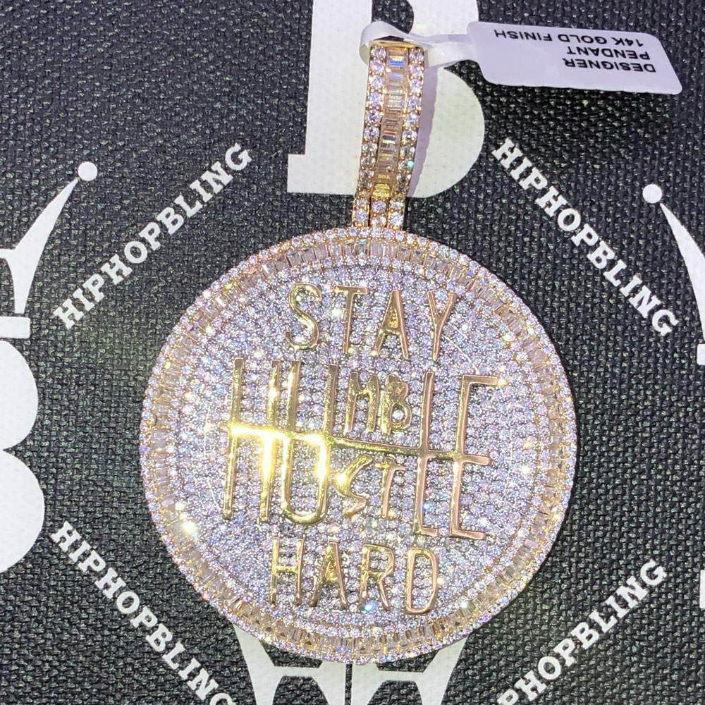 Stay Humble Hustle Hard CZ Hip Hop Bling Bling Pendant Yellow Gold HipHopBling